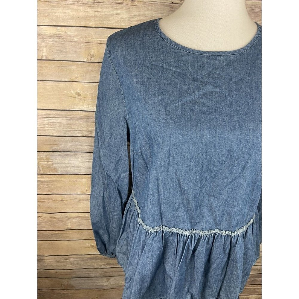 Universal Thread Medium Chambray Blouse Tiered Ba… - image 2